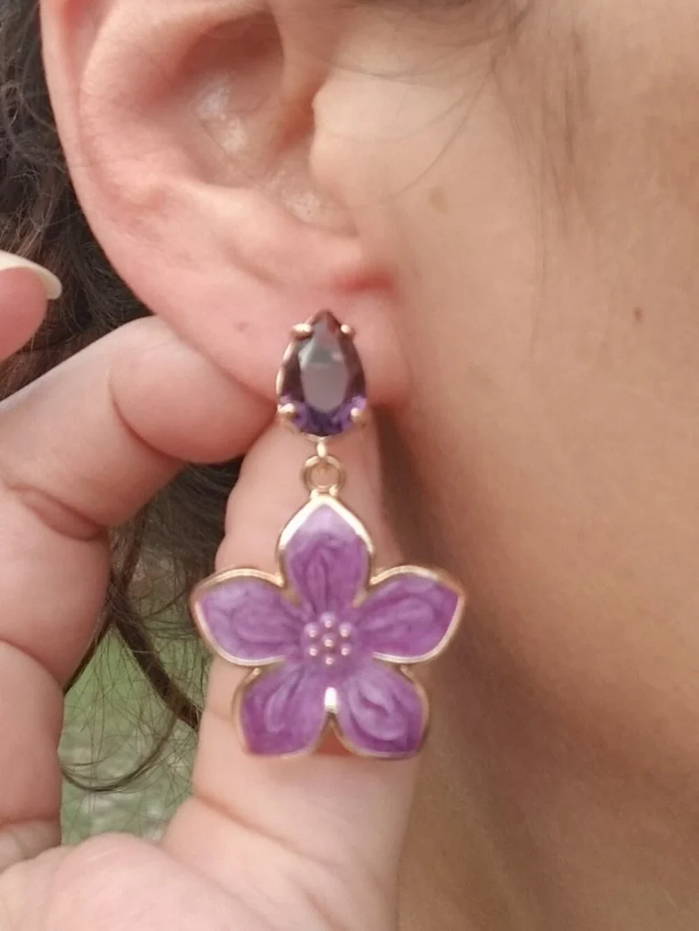 14k Gold Amethyst Floral Stud Earrings, Large Purple Flower Dangle Earrings